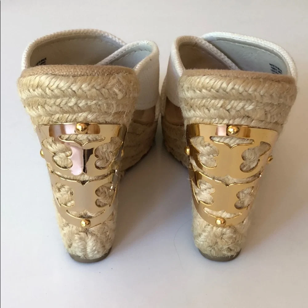 Tory Burch White Canvas Crisscross Espadrille Wedge Sandals with Gold Logo